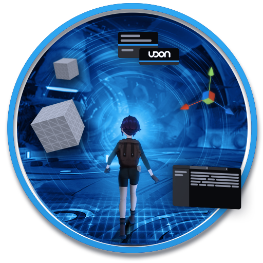 An avatar with a backpack walks into a blue, holographic world with floating Unity objects and Udon Graph elements .